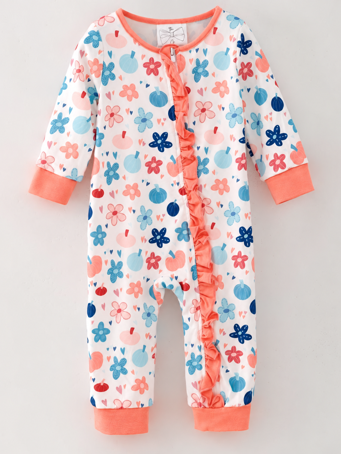 Fall pumpkin floral baby romper in dusty rose orange and blue with ruffle front