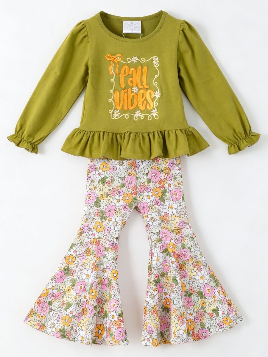 girls fall two-piece with embroidered olive ruffle peplum top and pink floral bell bottom pants