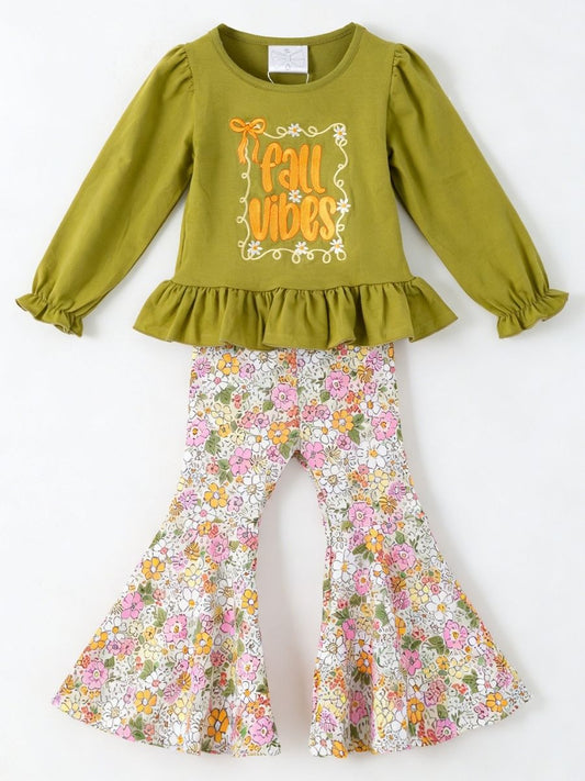 girls fall two-piece with embroidered olive ruffle peplum top and pink floral bell bottom pants