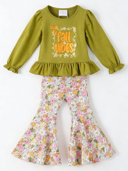 Olive ruffle peplum top with pink floral bell bottoms