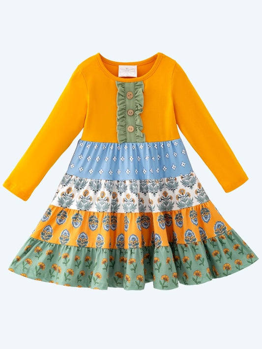 Girls tiered fall dress with mustard top, floral print skirt and boutique long sleeve style