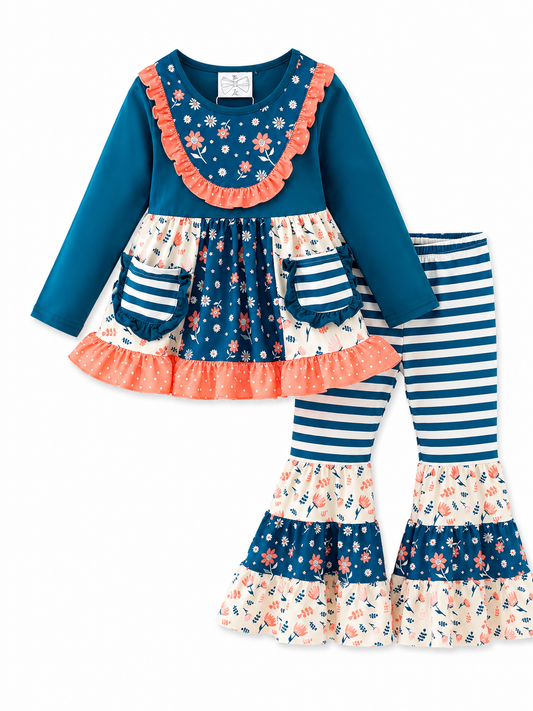 Girls Teal Floral Bell Bottom Outfit Set with Floral Tunic, Striped Bell Bottom Pants and Ruffle Trim