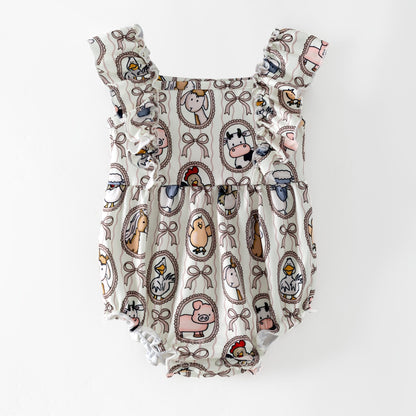 Farm animal baby boutique romper on white background