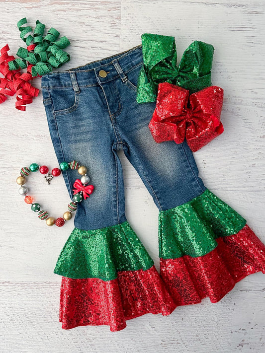 jeans with red and green sequin bottoms  - Alternative view