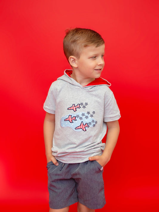 Boy wearing the fighter jet hoodie shirt