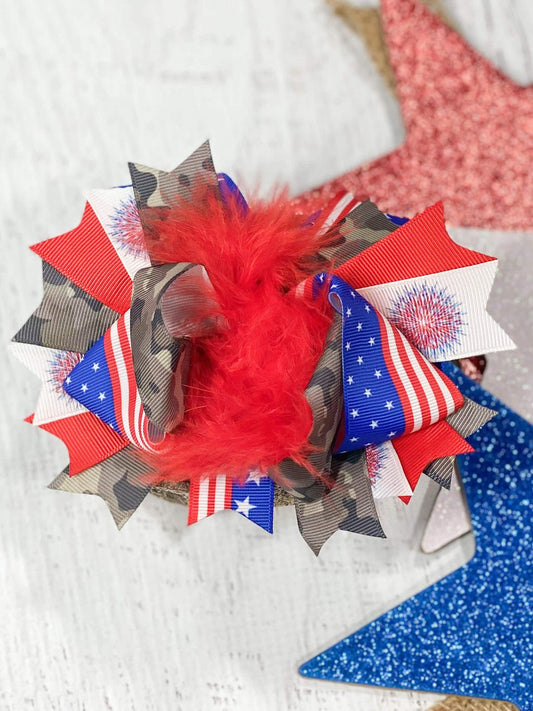 Patriotic marabou bow with flag, camo, and firework printed grosgrain ribbon.