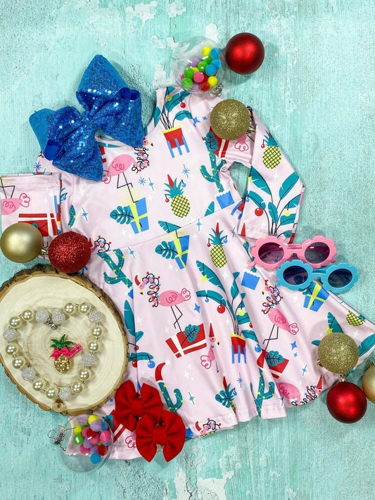 Pink flamingo print Christmas twirl dress for girls - Alternative view