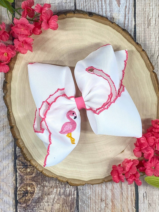 Flamingo embroidered moonstitch hair bow on alligator clip
