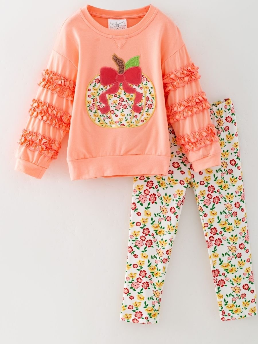 girls fall two-piece with pumpkin appliqué ruffle sleeve top and floral leggings