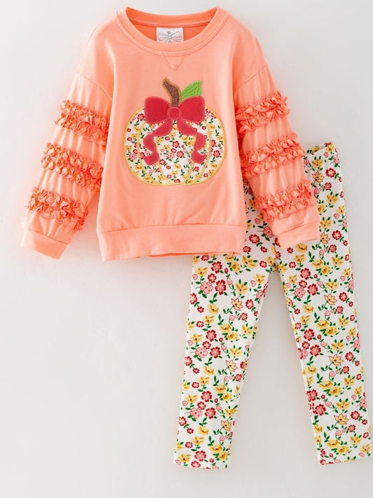 girls fall two-piece with pumpkin appliqué ruffle sleeve top and floral leggings