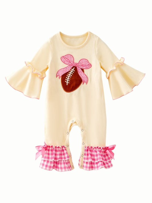 Baby girl football appliqué romper with pink gingham bow and ruffle details