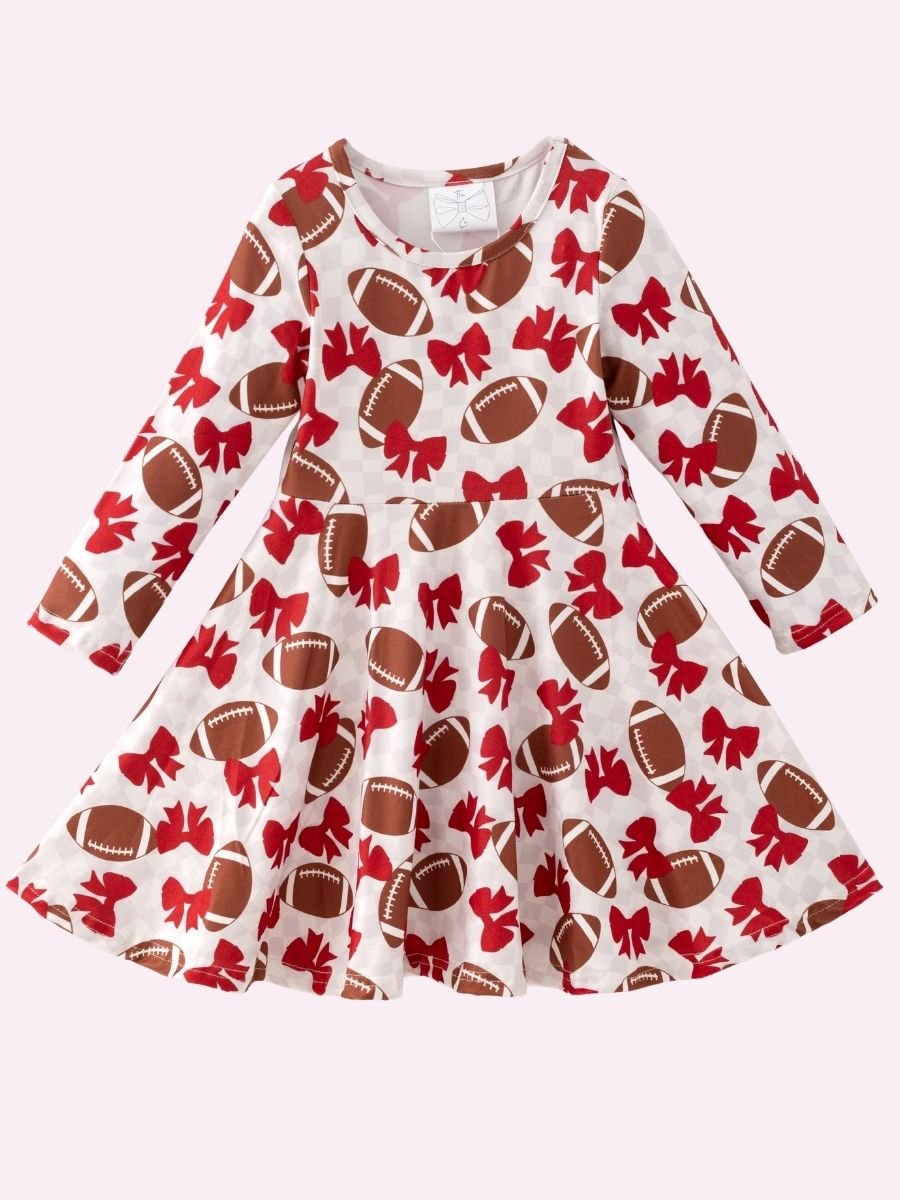 Girls football twirl dress with red bows, boutique game day dress for toddlers and girls