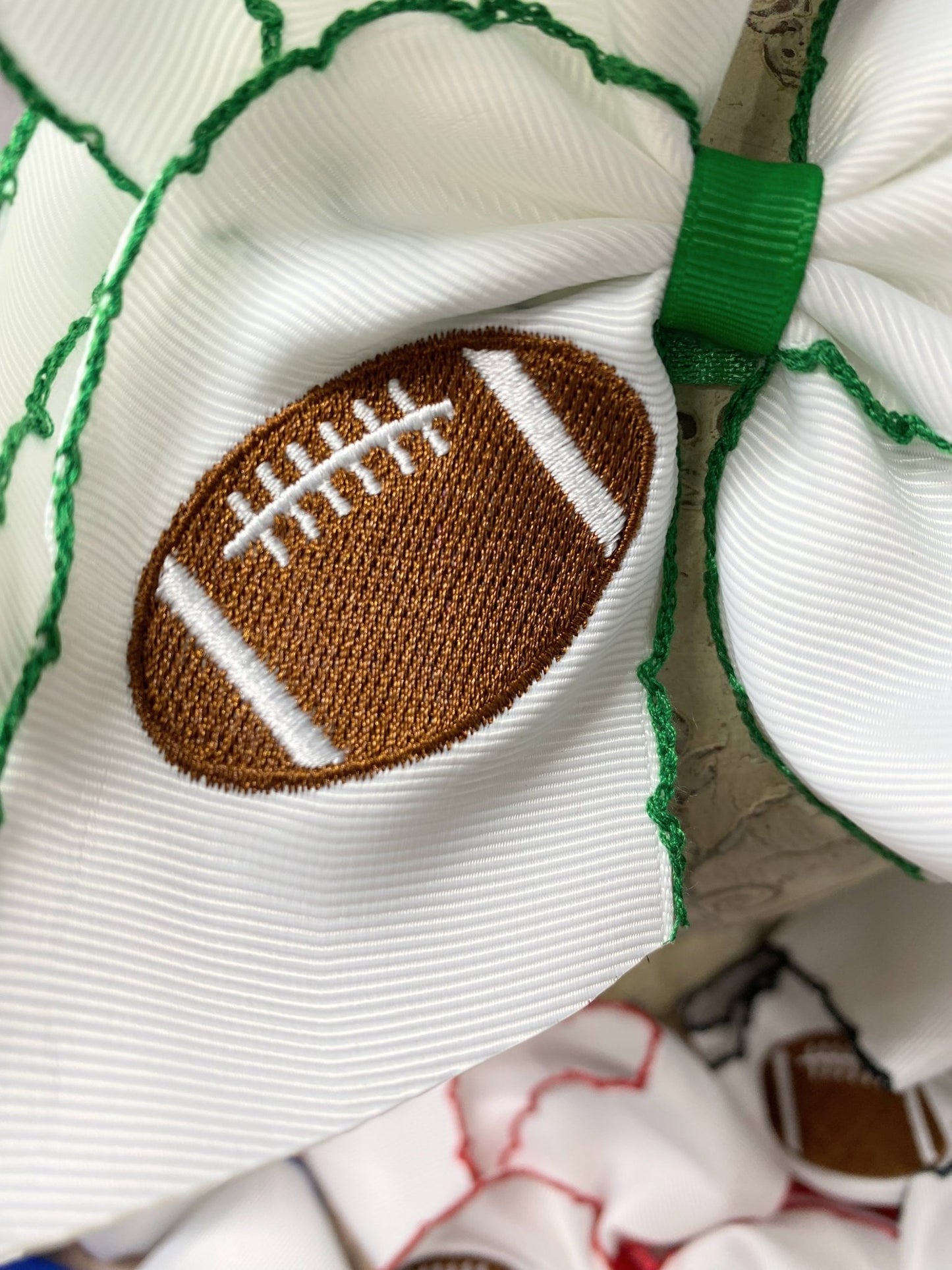 close up of football embroidery
