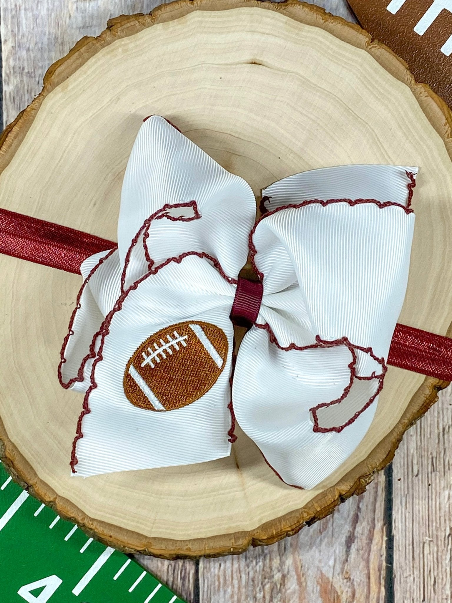 Football Embroidered Moonstitch Bow Headband with maroon stitching