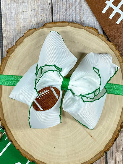 Football Embroidered Moonstitch Bow Headband with green stitching