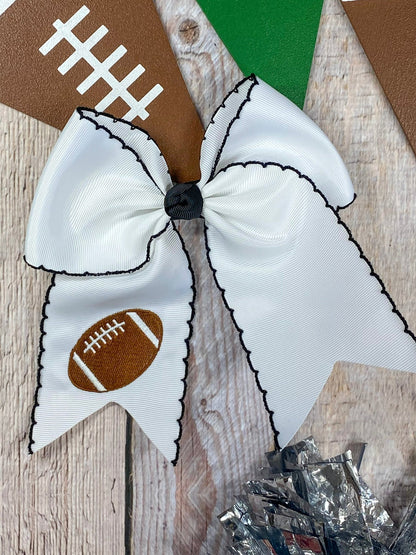 White football embroidered moonstitch cheer bow with black stitching