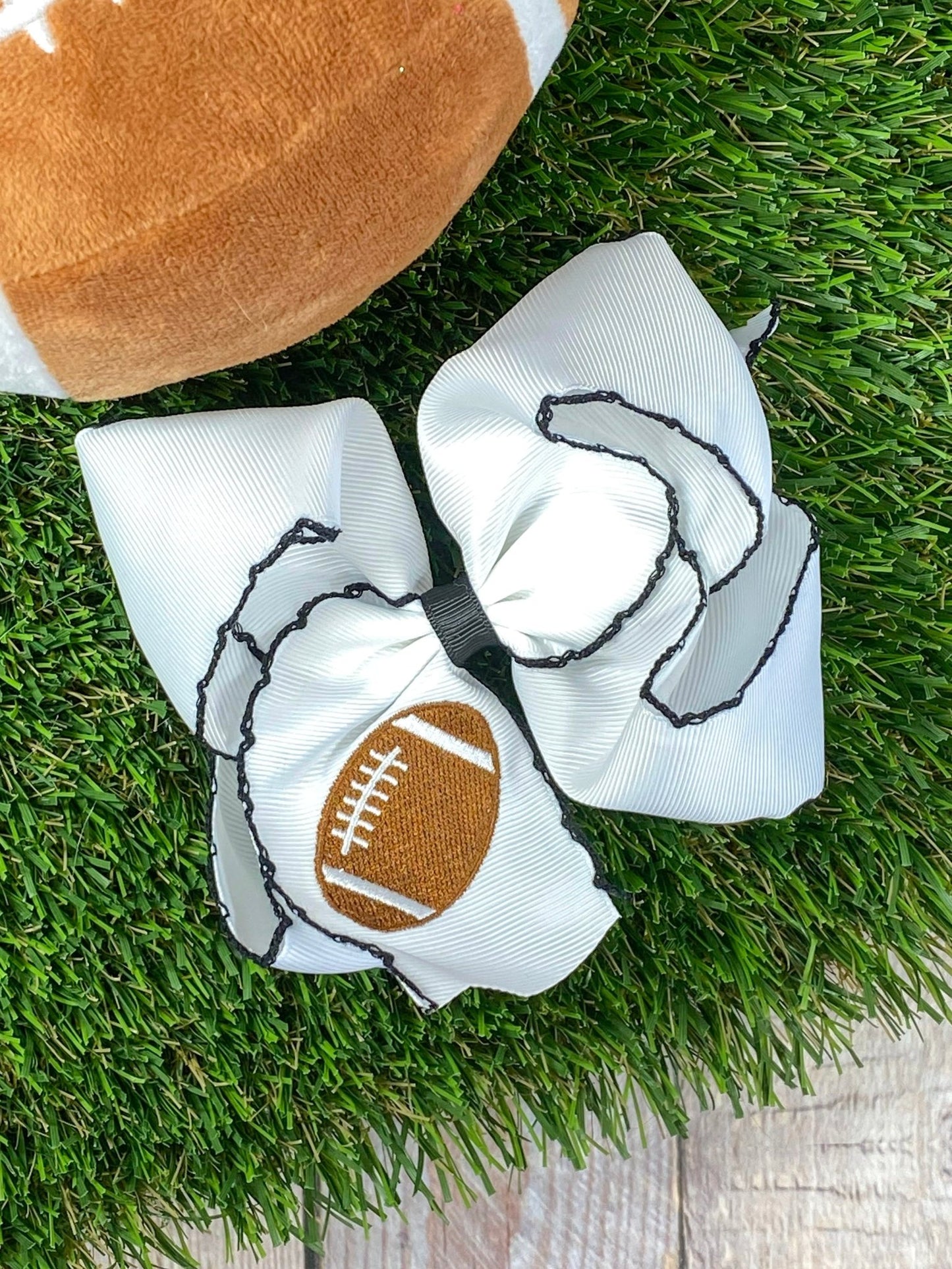 white with black Football Embroidered Moonstitch Hair Bow