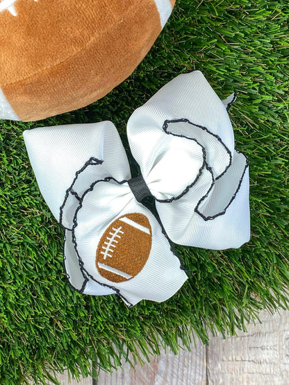 white with black Football Embroidered Moonstitch Hair Bow