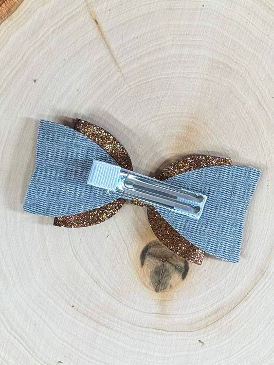 Back of football glitter bow clippie showing clip - Alternative view