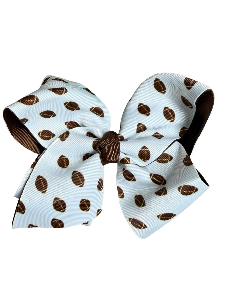 White and brown football mini print double layered grosgrain hair bow for girls