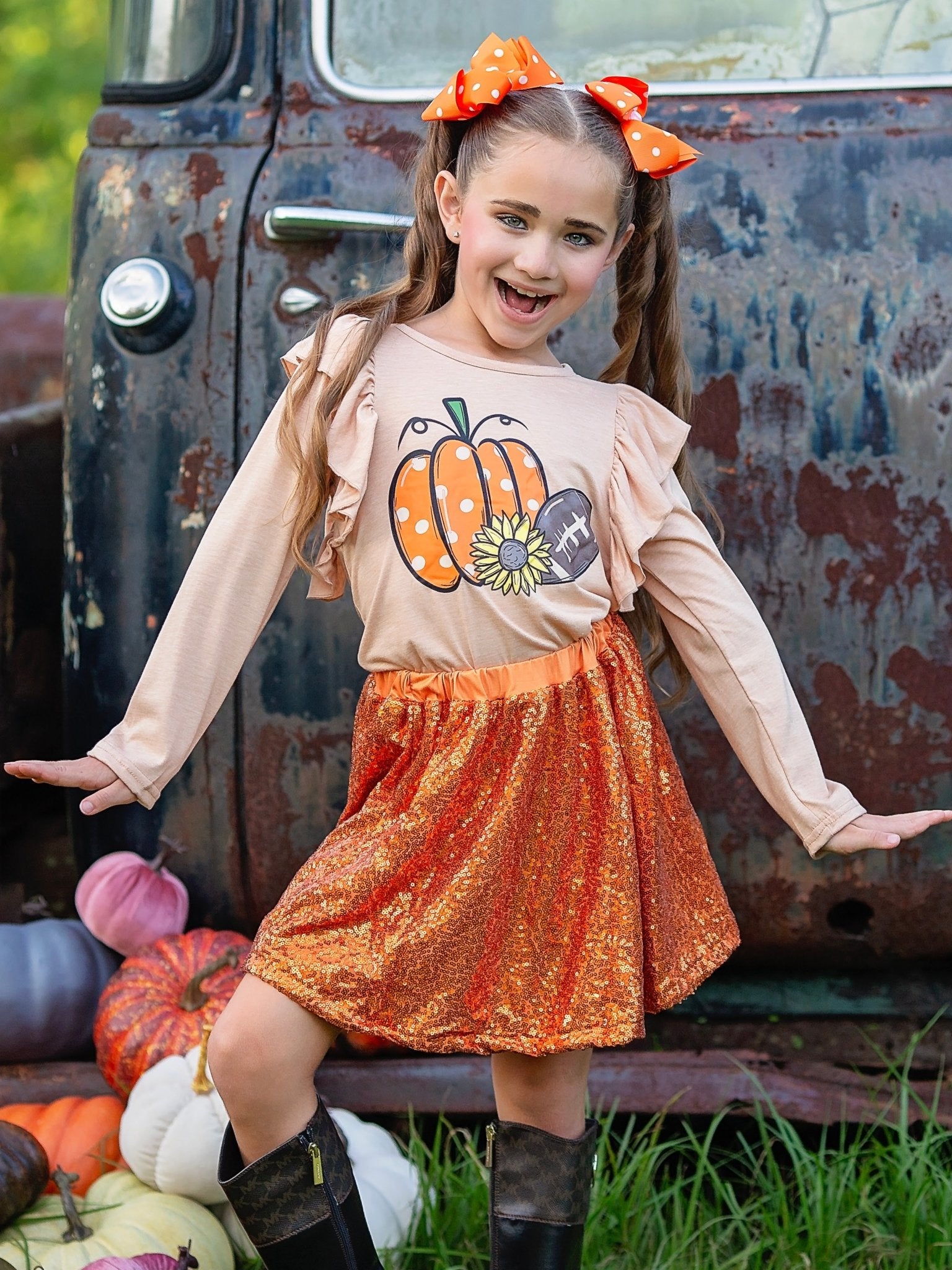 Football Pumpkin Sequin Skirt Set on a model