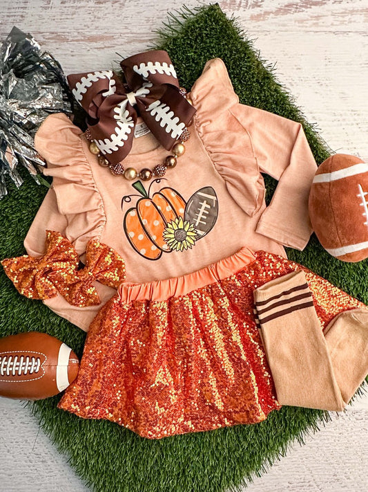 Long sleeve ruffled top with a football and pumpkin design with a coordinating orange sequin skirt - Alternative view