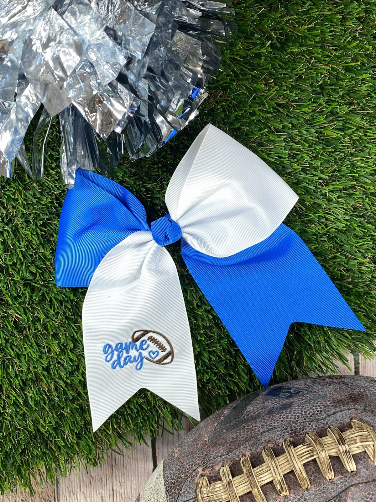 Blue and white game day embroidered cheer bow