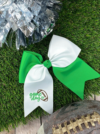 Green and white game day embroidered cheer bow