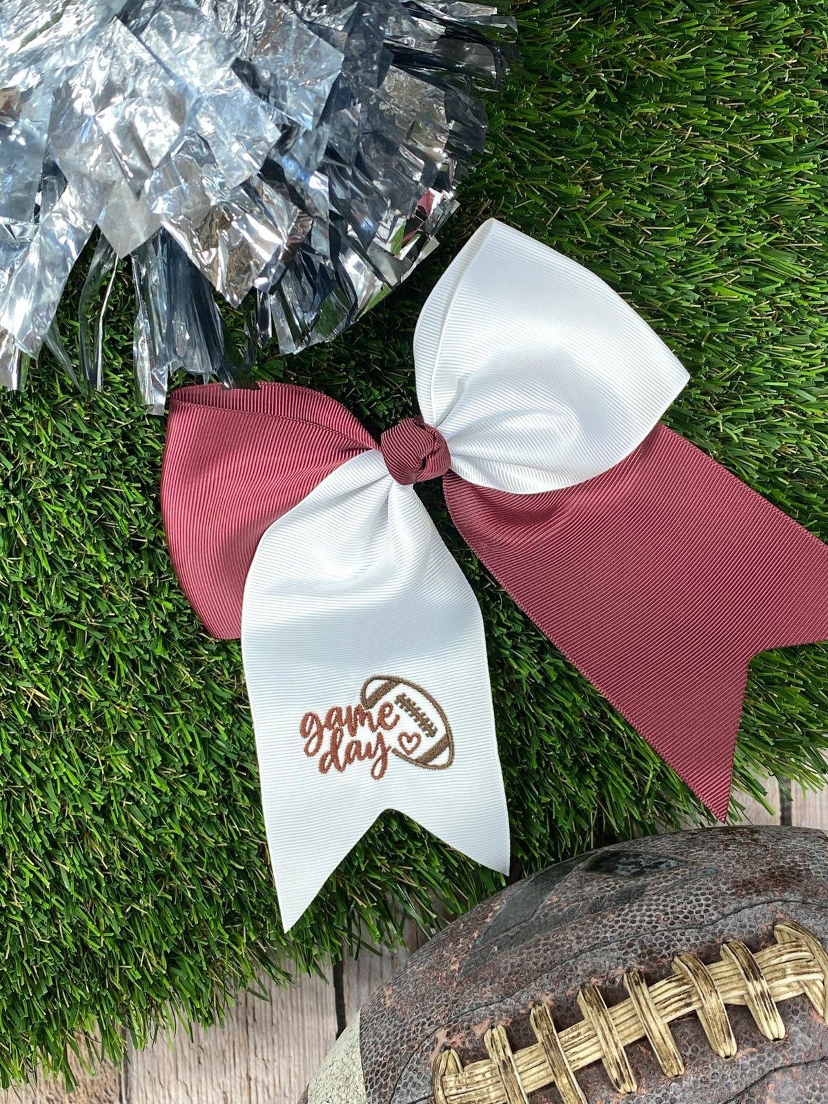 Maroon and white game day embroidered cheer bow