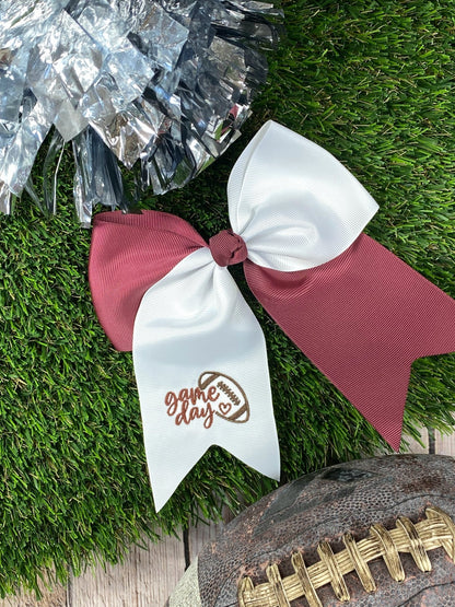 Maroon and white game day embroidered cheer bow