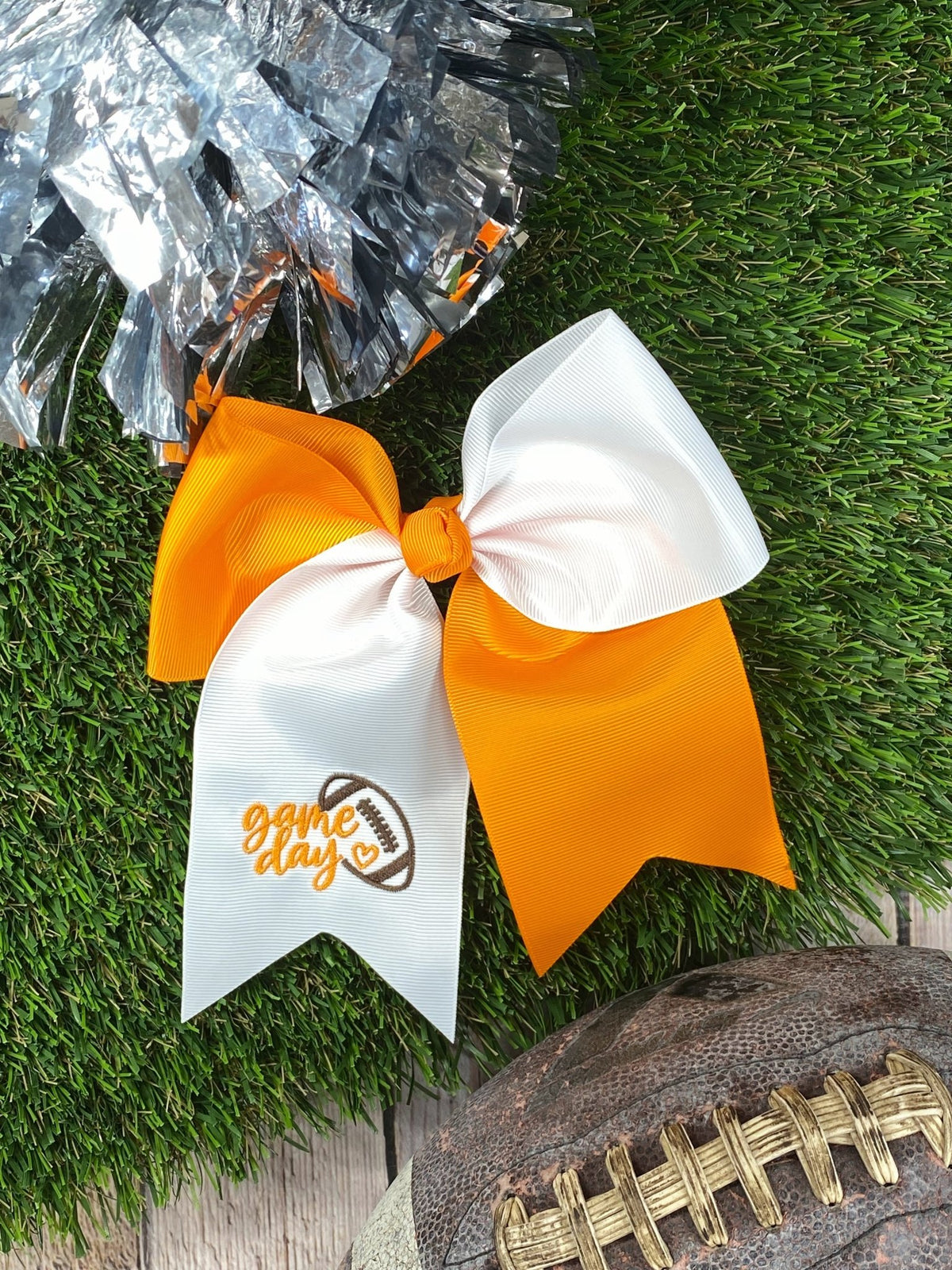 Orange and white game day embroidered cheer bow
