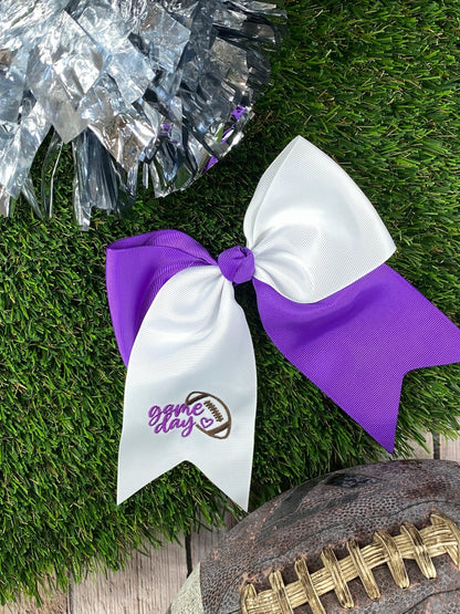 Purple and white game day embroidered cheer bow