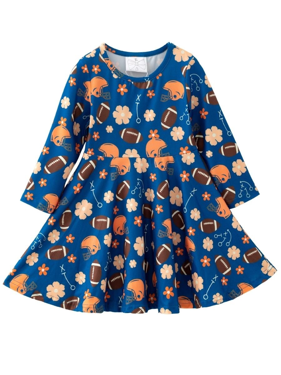 Girls football twirl dress with floral print, boutique game day dress for toddlers and girls