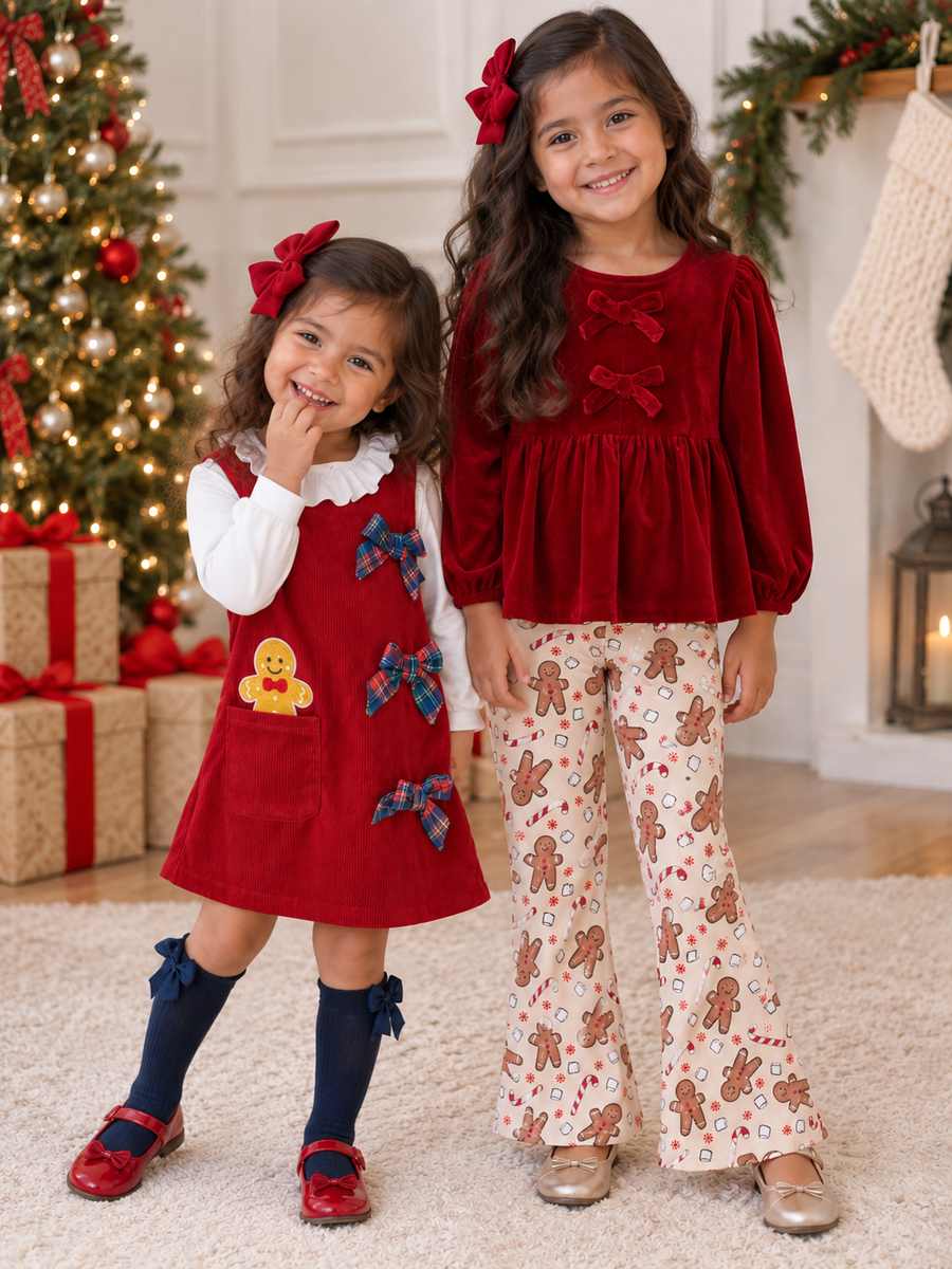 Matching vs coordinating gingerbread Christmas outfits for siblings