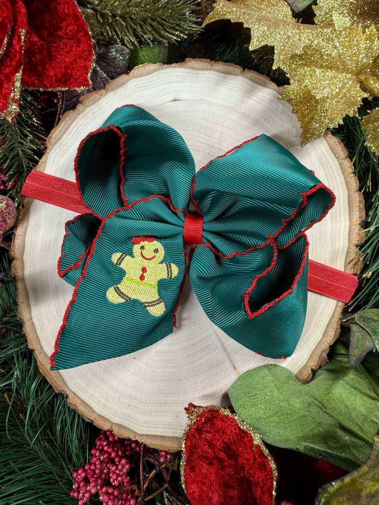 Gingerbread Embroidered Moonstitch Bow Headband