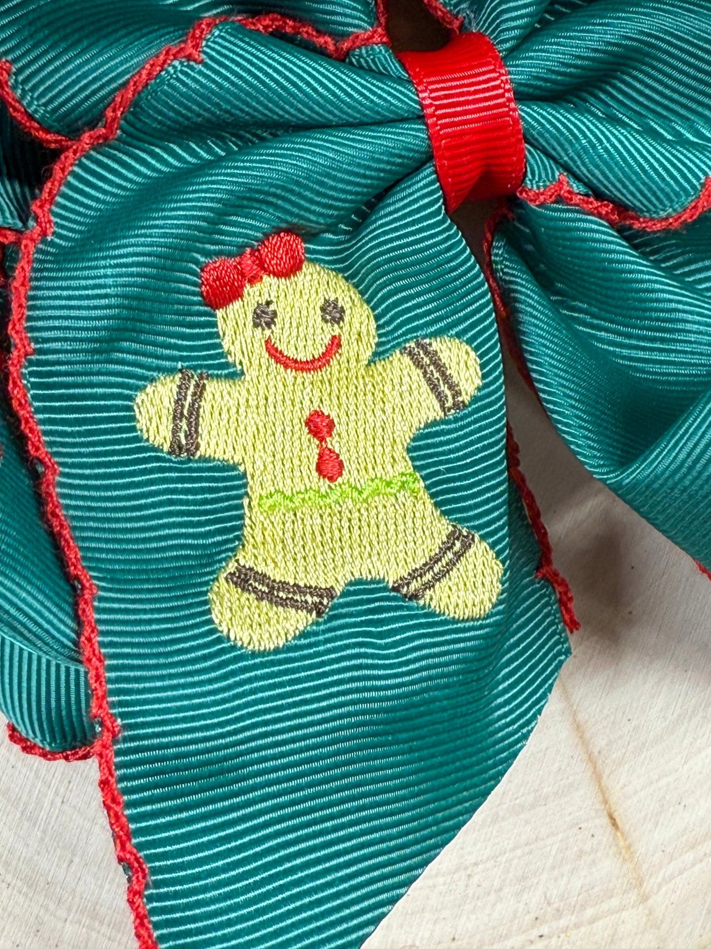 close up of the gingerbread embroidery