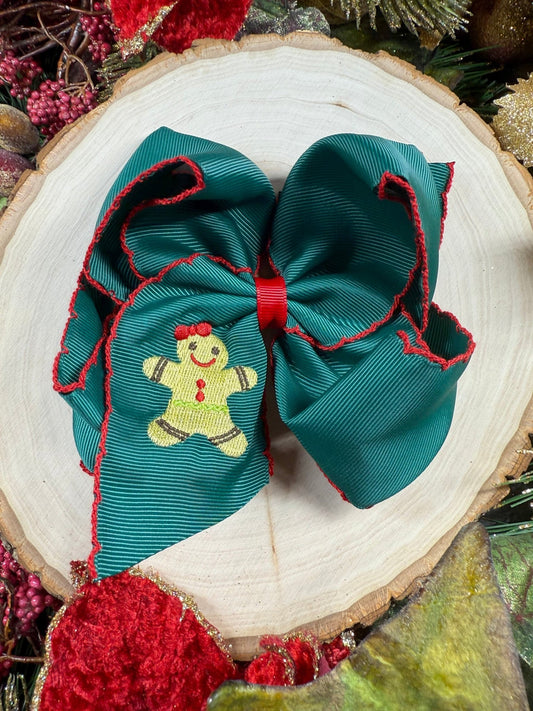 Gingerbread embroidered moonstitch hair bow on alligator clip