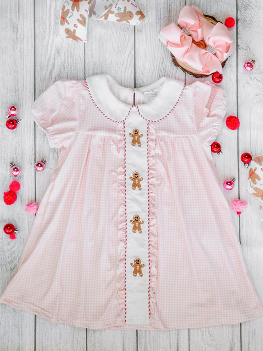 Pink gingham gingerbread embroidered girls Christmas dress laid flat - Alternative view