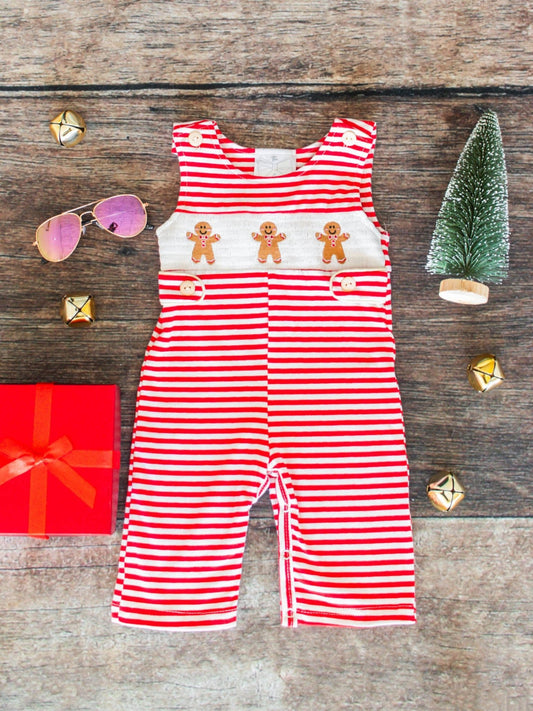 Red striped infant boys Christmas onesie with a gingerbread friends design