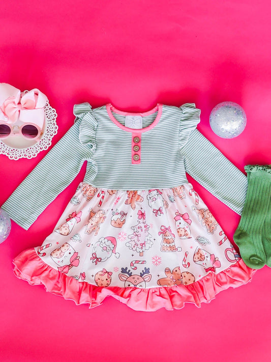 Gingerbread heaven girls Christmas twirl dress with ruffles