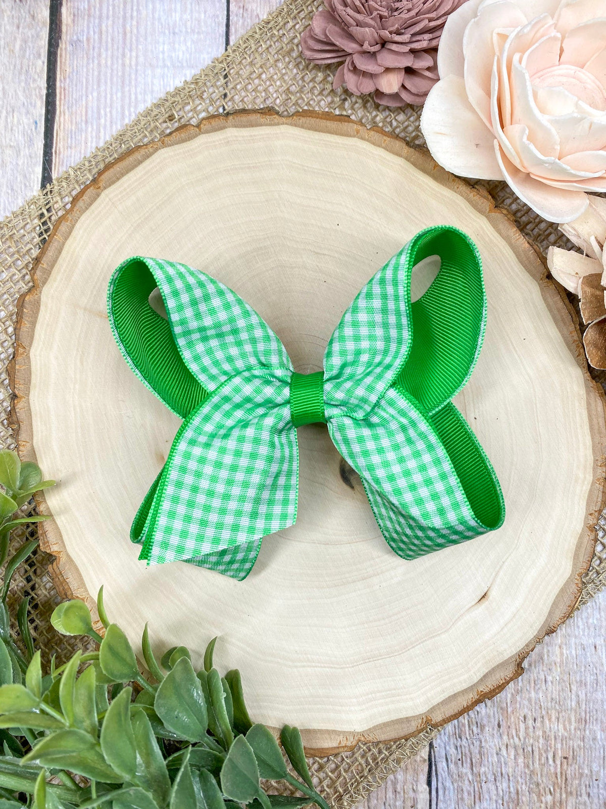 Green gingham hair bow