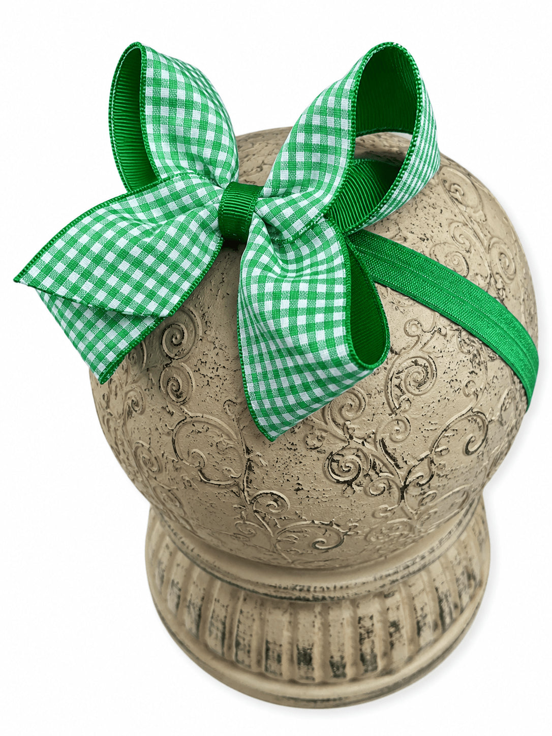Green gingham hair bow on headband