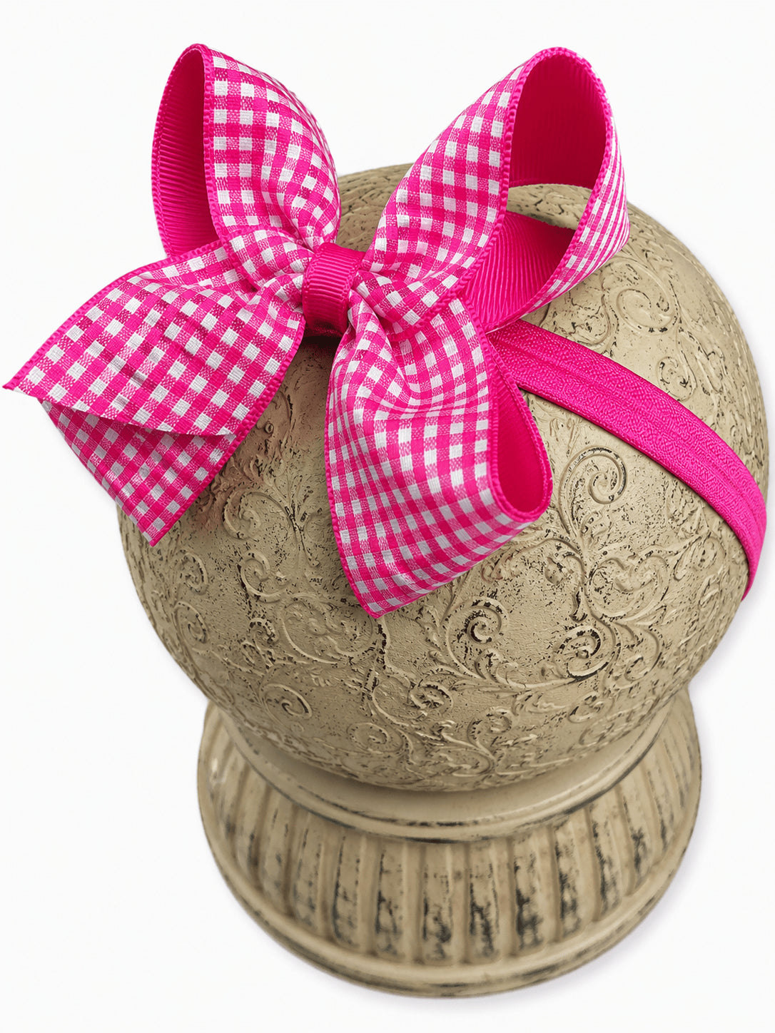 Hot pink gingham hair bow on headband