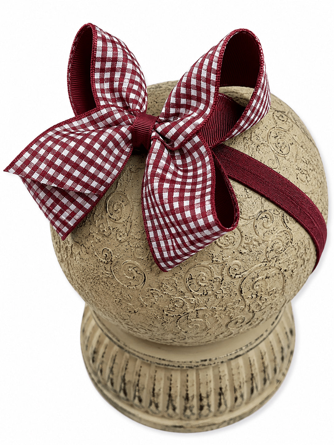 Maroon gingham hair bow on headband