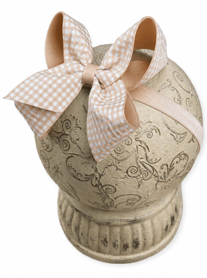 Oatmeal gingham hair bow on headband