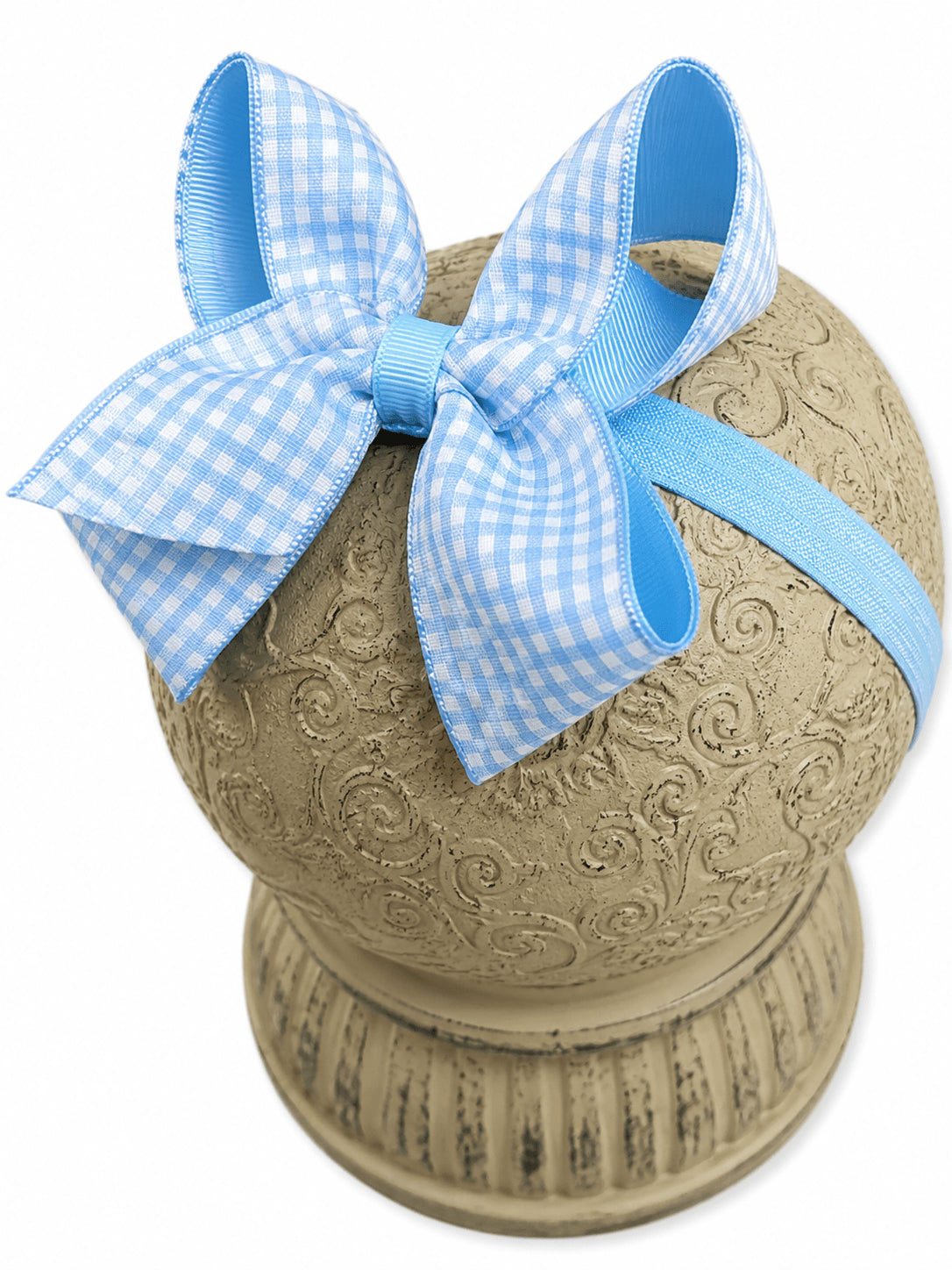 Sky blue gingham hair bow on headband