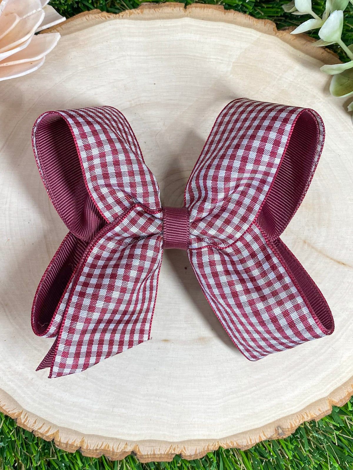 Maroon gingham hair bow