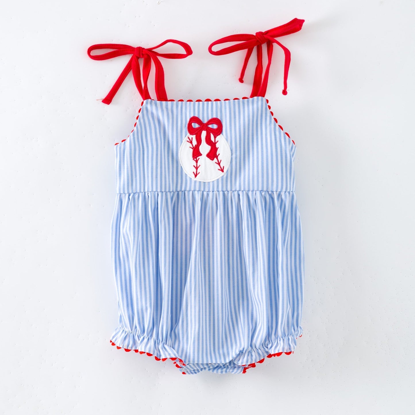 Blue and white striped baseball baby romper with red accents on a white background