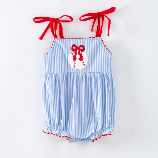 Blue and white striped baseball baby romper with red accents on a white background