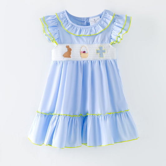 Girls light blue Easter smocked dress with embroidered bunny, basket, and cross, ruffle sleeves, boutique Easter outfit for toddlers and girls